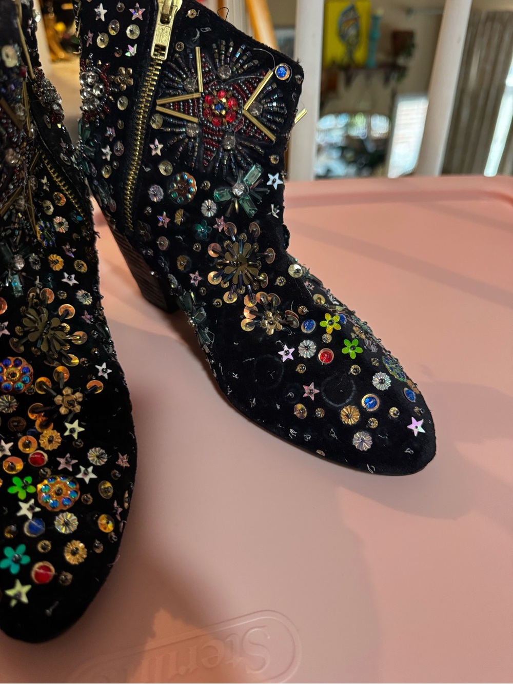Free People Black Embellished Velvet Ankle Boots with Multicolor Gems - Picture 3 of 6